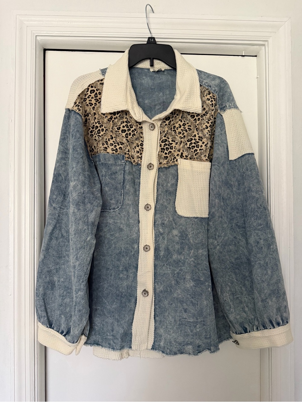 POL Boho Blue Denim & Cream Knit Leopard Accent Jacket